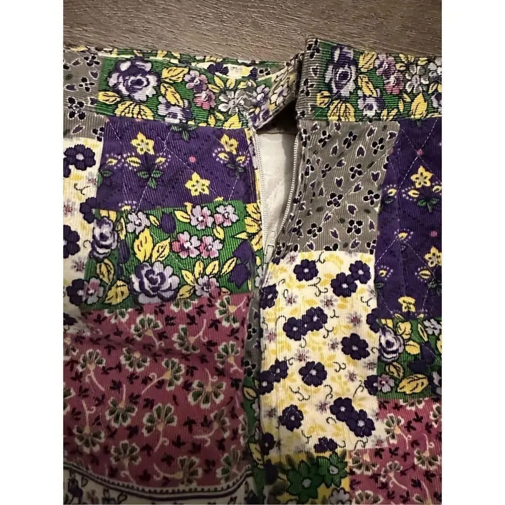 Womens Corduroy Floral Purple Patchwork Above Knee Cottagecore Skirt Size M